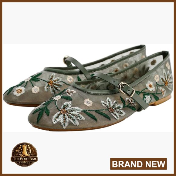Floral Mesh Ballet Flats with Strap Comfortable Round Toe Slip On Shoes